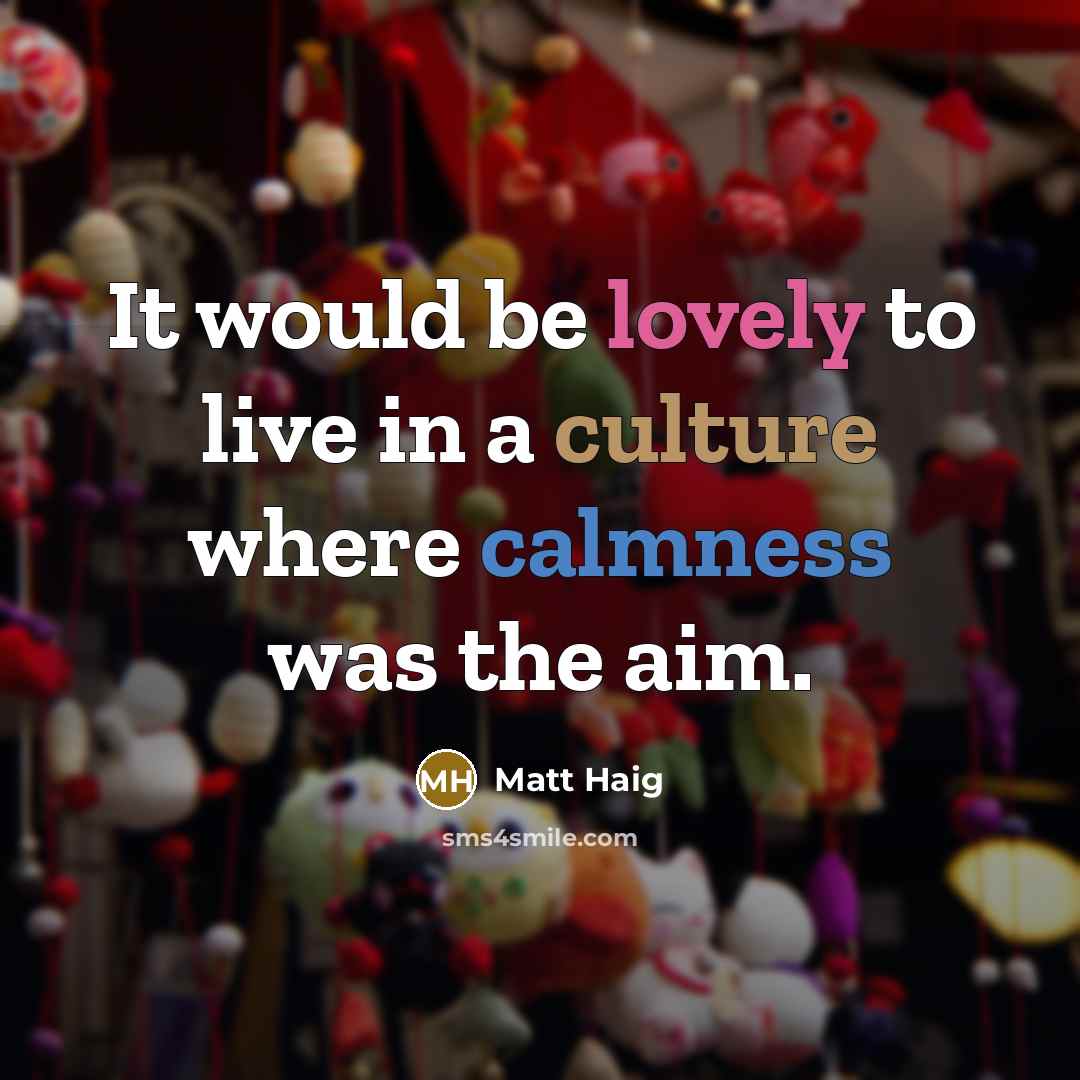 “It would be lovely to live in a culture where calmness was the aim.” quote by Matt Haig