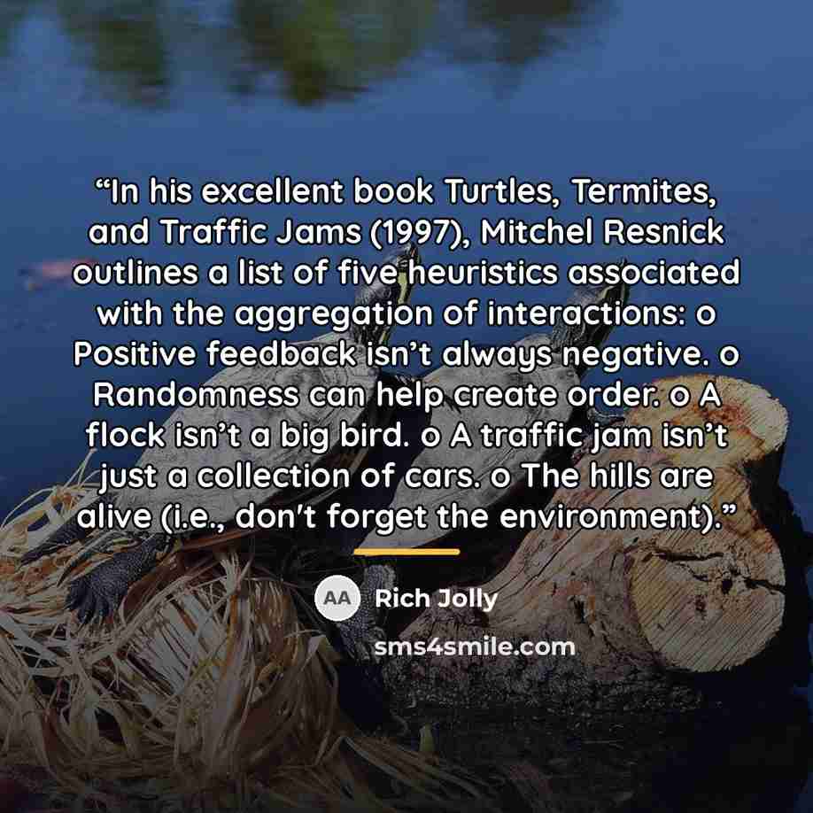 “In his excellent book Turtles, Termites, and Traffic Jams (1997), Mitchel Resnick outlines a list of five heuristics associated with the aggregation of interactions: o Positive feedback isn’t always negative. o Randomness can help create order. o A flock isn’t a big bird. o A traffic jam isn’t…” quote by Rich Jolly