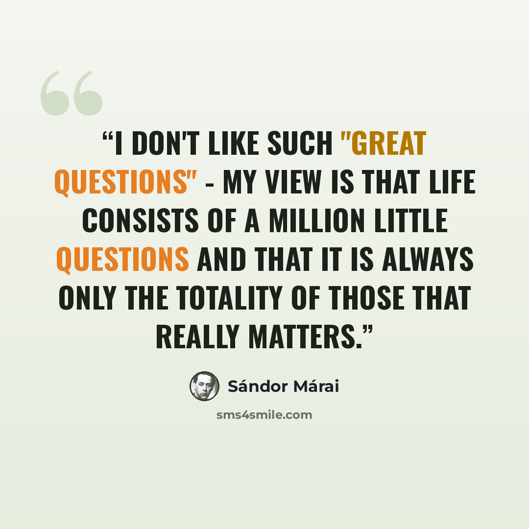 “I don't like such "great questions" - my view is that life consists of a million little questions and that it is always only the totality of those that really matters.” quote by Sándor Márai