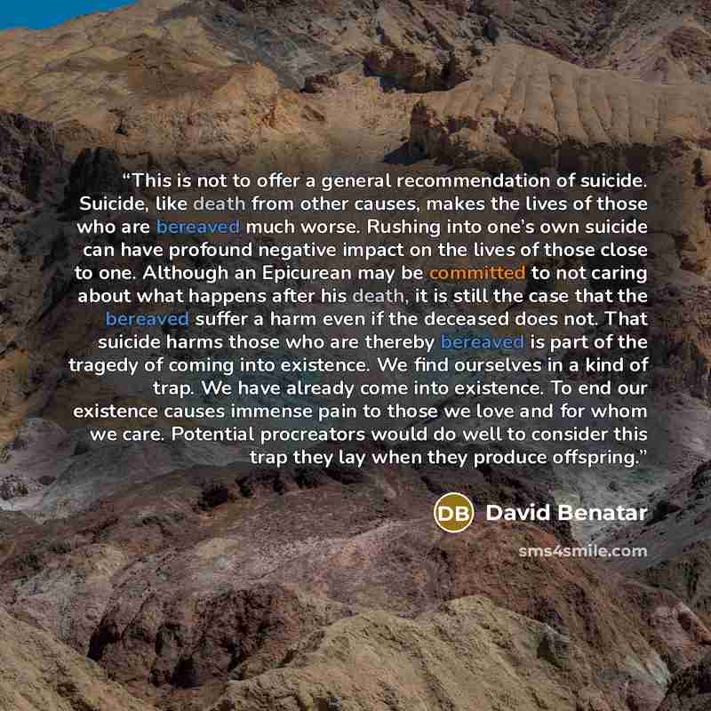 “This is not to offer a general recommendation of suicide. Suicide, like death from other causes, makes the lives of those who are bereaved much worse. Rushing into one’s own suicide can have profound negative impact on the lives of those close to one. Although an Epicurean may be committed to not…” quote by David Benatar