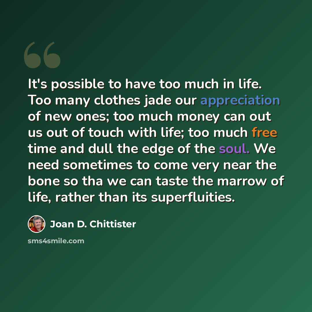 “It's possible to have too much in life. Too many clothes jade our appreciation of new ones; too much money can out us out of touch with life; too much free time and dull the edge of the soul. We need sometimes to come very near the bone so tha we can taste the marrow of life, rather than its…” quote by Joan D. Chittister