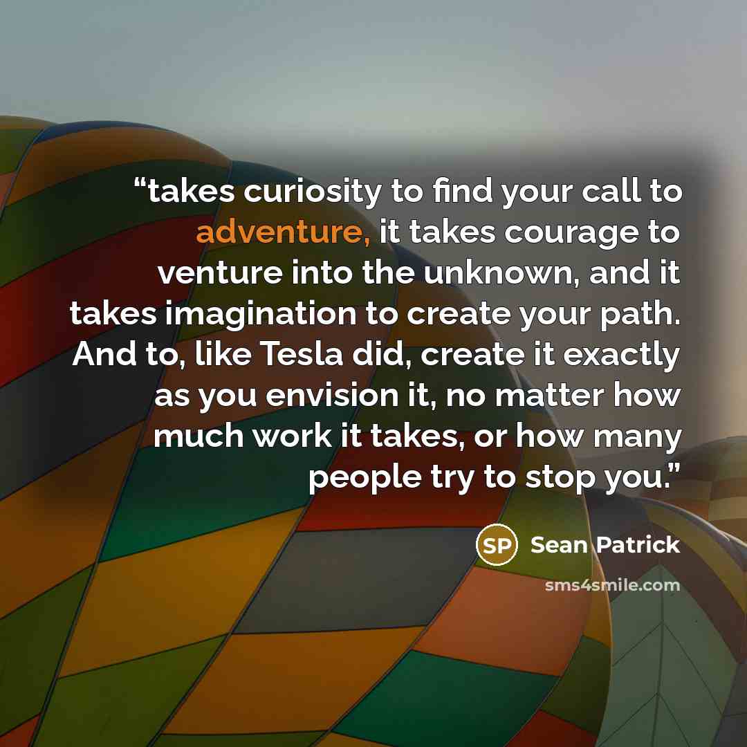 “takes curiosity to find your call to adventure, it takes courage to venture into the unknown, and it takes imagination to create your path. And to, like Tesla did, create it exactly as you envision it, no matter how much work it takes, or how many people try to stop you.” quote by Sean Patrick