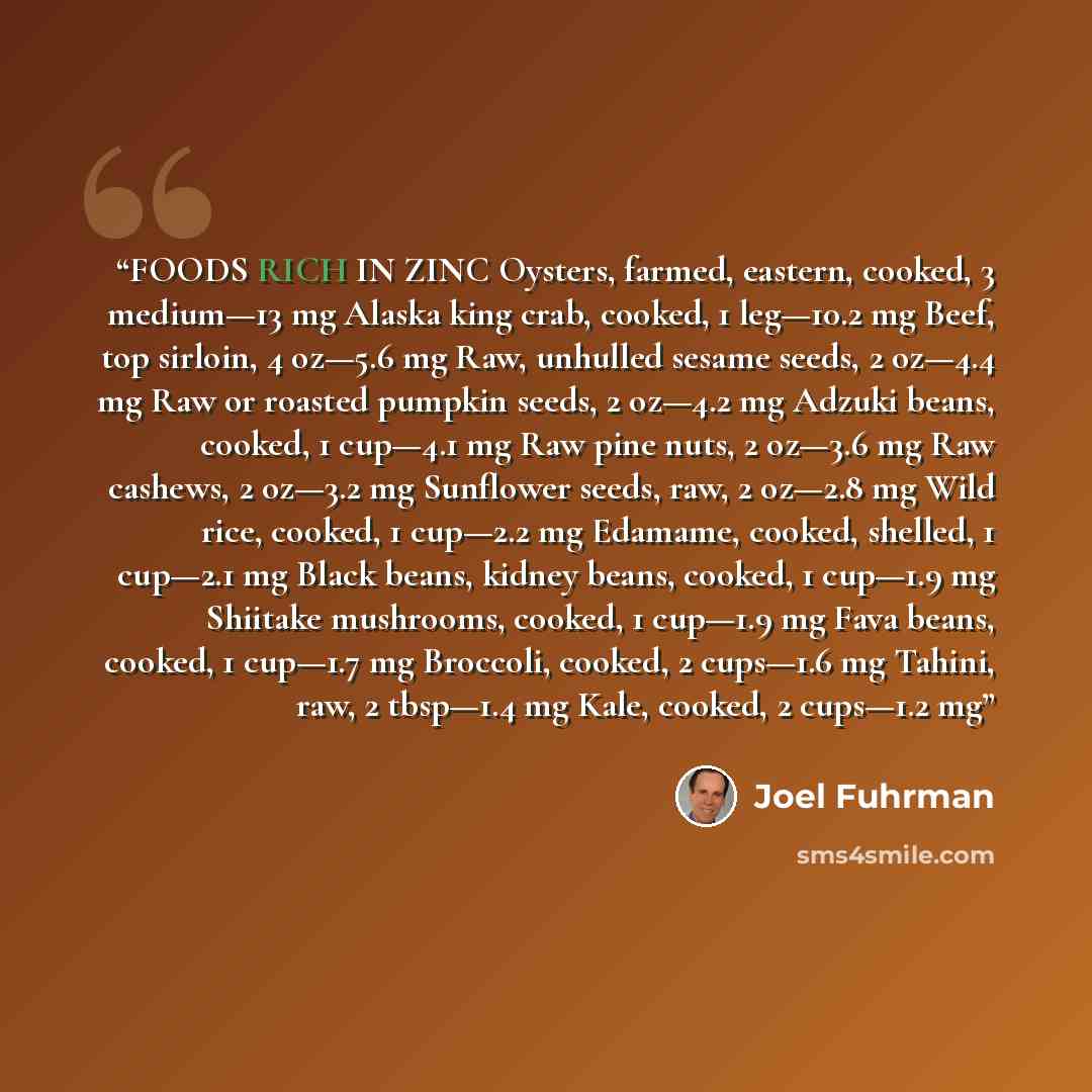 “FOODS RICH IN ZINC Oysters, farmed, eastern, cooked, 3 medium—13 mg Alaska king crab, cooked, 1 leg—10.2 mg Beef, top sirloin, 4 oz—5.6 mg Raw, unhulled sesame seeds, 2 oz—4.4 mg Raw or roasted pumpkin seeds, 2 oz—4.2 mg Adzuki beans, cooked, 1 cup—4.1 mg Raw pine nuts, 2 oz—3.6 mg Raw cashews, 2…” quote by Joel Fuhrman