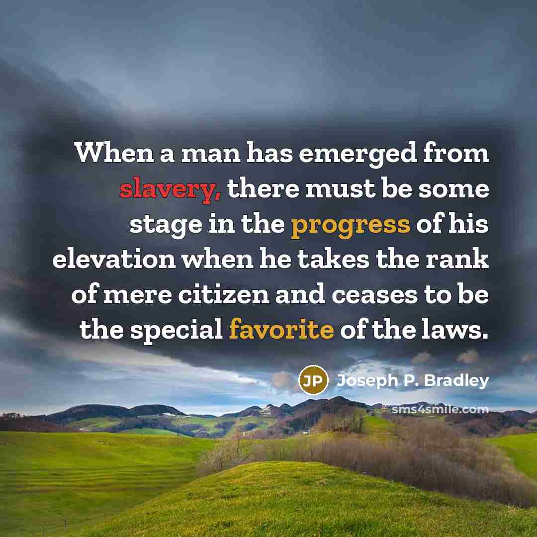 “When a man has emerged from slavery, there must be some stage in the progress of his elevation when he takes the rank of mere citizen and ceases to be the special favorite of the laws.” quote by Joseph P. Bradley