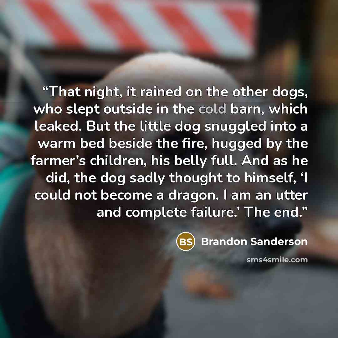 “That night, it rained on the other dogs, who slept outside in the cold barn, which leaked. But the little dog snuggled into a warm bed beside the fire, hugged by the farmer’s children, his belly full. And as he did, the dog sadly thought to himself, ‘I could not become a dragon. I am an utter and…” quote by Brandon Sanderson