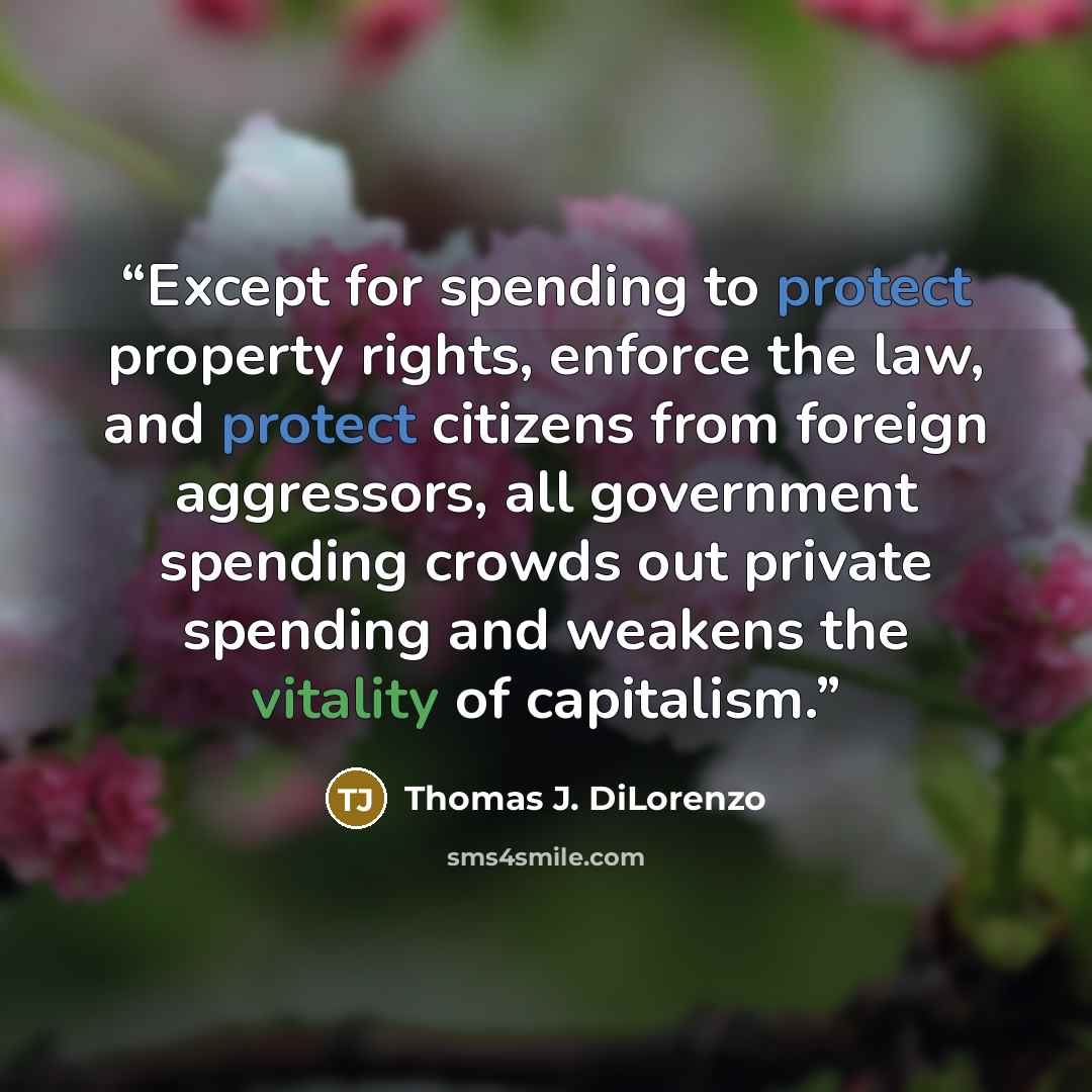 “Except for spending to protect property rights, enforce the law, and protect citizens from foreign aggressors, all government spending crowds out private spending and weakens the vitality of capitalism.” quote by Thomas J. DiLorenzo