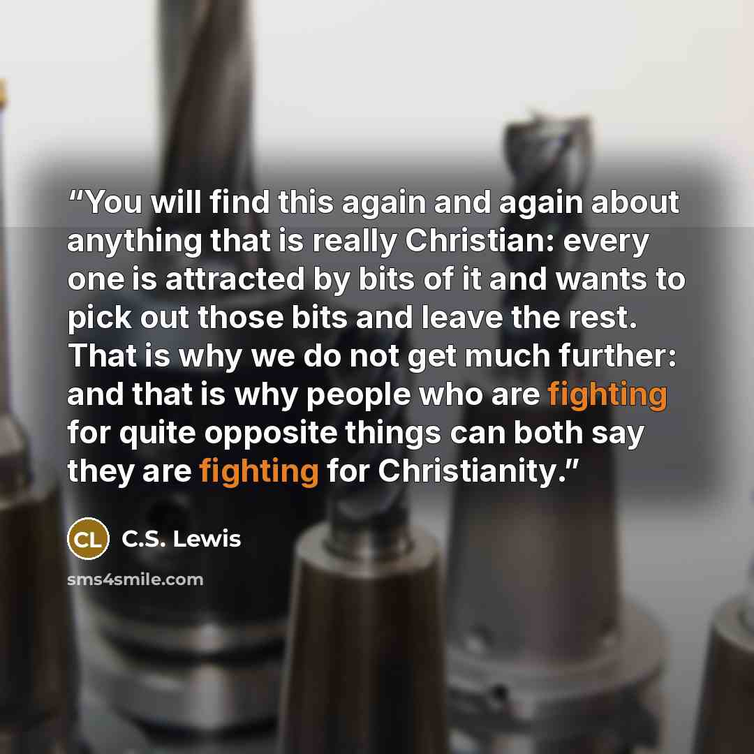 “You will find this again and again about anything that is really Christian: every one is attracted by bits of it and wants to pick out those bits and leave the rest. That is why we do not get much further: and that is why people who are fighting for quite opposite things can both say they are…” quote by C.S. Lewis