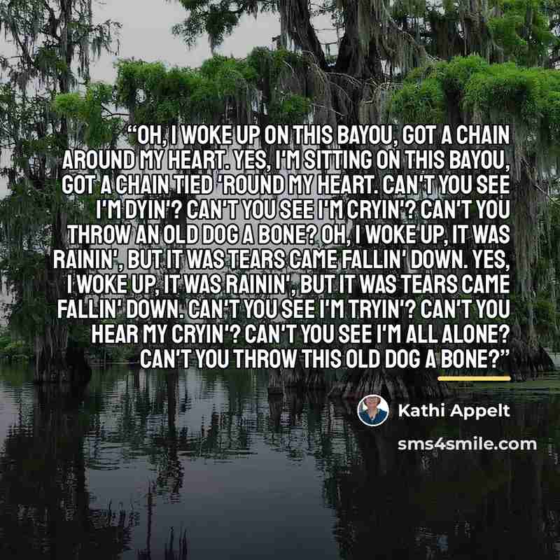 “Oh, I woke up on this bayou, Got a chain around my heart. Yes, I'm sitting on this bayou, Got a chain tied 'round my heart. Can't you see I'm dyin'? Can't you see I'm cryin'? Can't you throw an old dog a bone? Oh, I woke up, it was rainin', But it was tears came fallin' down. Yes, I woke up, it…” quote by Kathi Appelt