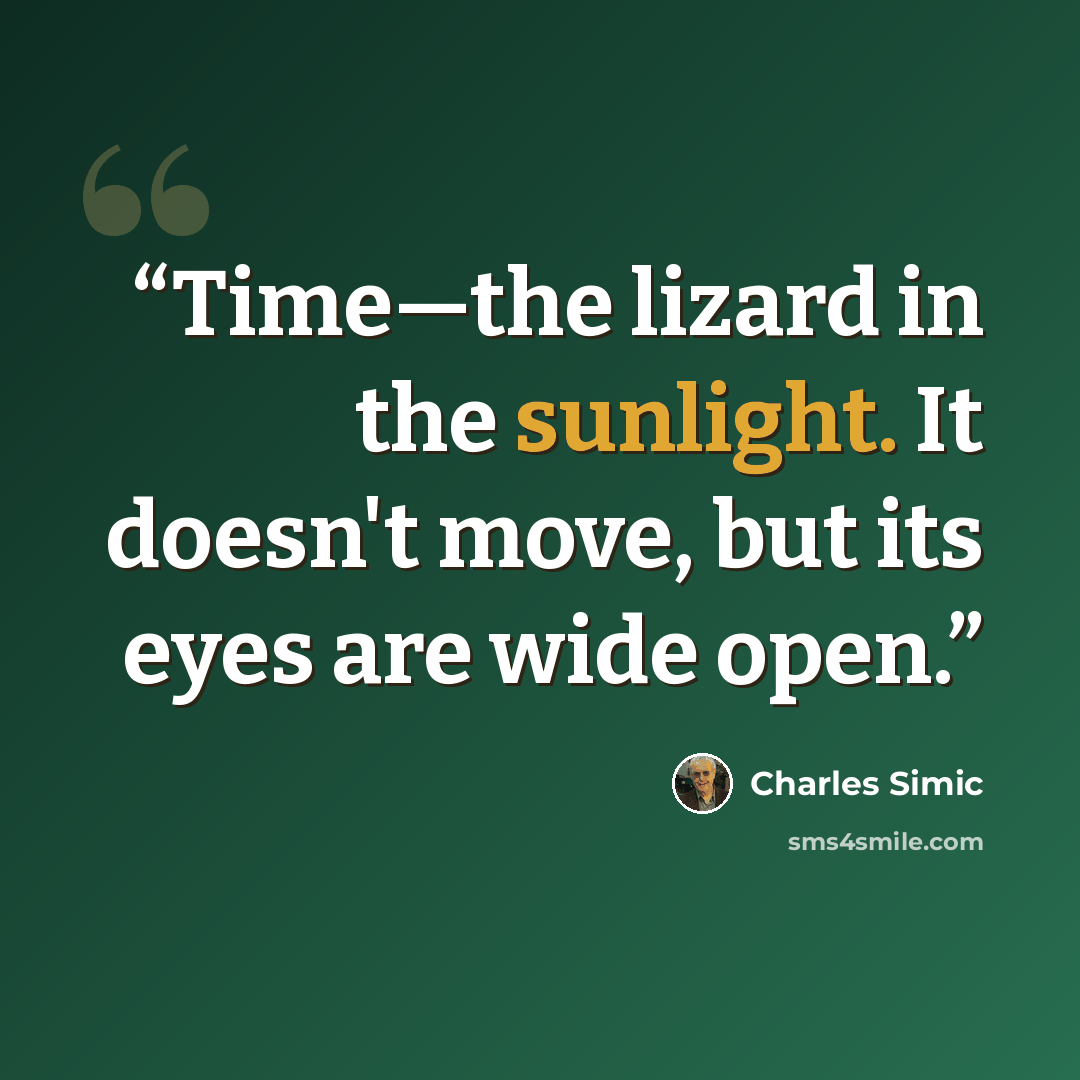 “Time—the lizard in the sunlight. It doesn't move, but its eyes are wide open.” quote by Charles Simic
