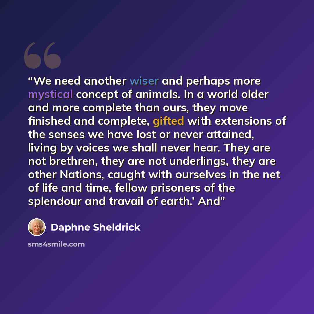 “We need another wiser and perhaps more mystical concept of animals. In a world older and more complete than ours, they move finished and complete, gifted with extensions of the senses we have lost or never attained, living by voices we shall never hear. They are not brethren, they are not…” quote by Daphne Sheldrick
