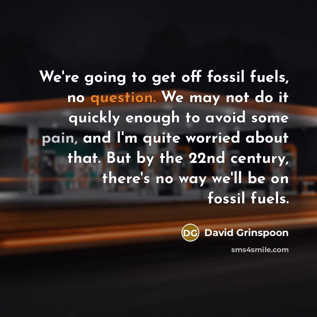 “We're going to get off fossil fuels, no question. We may not do it quickly enough to avoid some pain, and I'm quite worried about that. But by the 22nd century, there's no way we'll be on fossil fuels.” quote by David Grinspoon