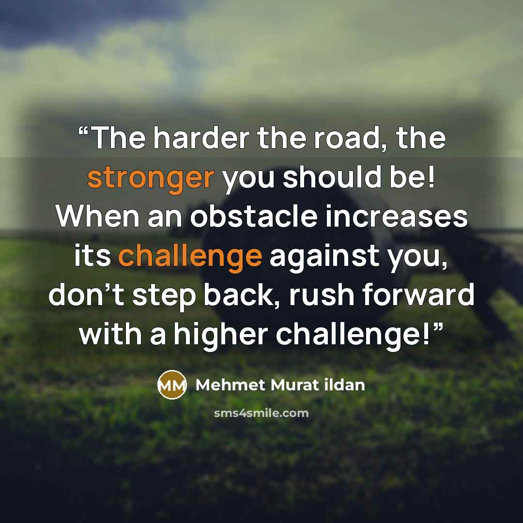 “The harder the road, the stronger you should be! When an obstacle increases its challenge against you, don’t step back, rush forward with a higher challenge!” quote by Mehmet Murat ildan