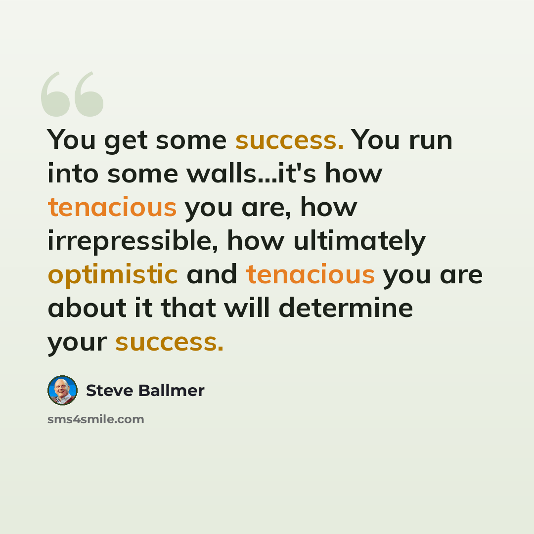 “You get some success. You run into some walls...it's how tenacious you are, how irrepressible, how ultimately optimistic and tenacious you are about it that will determine your success.” quote by Steve Ballmer