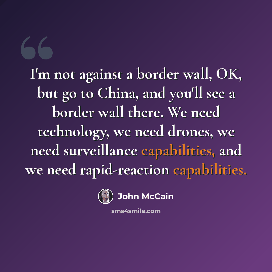 “I'm not against a border wall, OK, but go to China, and you'll see a border wall there. We need technology, we need drones, we need surveillance capabilities, and we need rapid-reaction capabilities.” quote by John McCain
