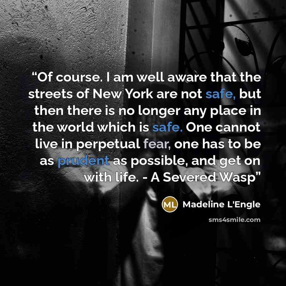 “Of course. I am well aware that the streets of New York are not safe, but then there is no longer any place in the world which is safe. One cannot live in perpetual fear, one has to be as prudent as possible, and get on with life. - A Severed Wasp” quote by Madeline L'Engle