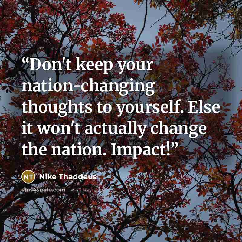 “Don't keep your nation-changing thoughts to yourself. Else it won't actually change the nation. Impact!” quote by Nike Thaddeus