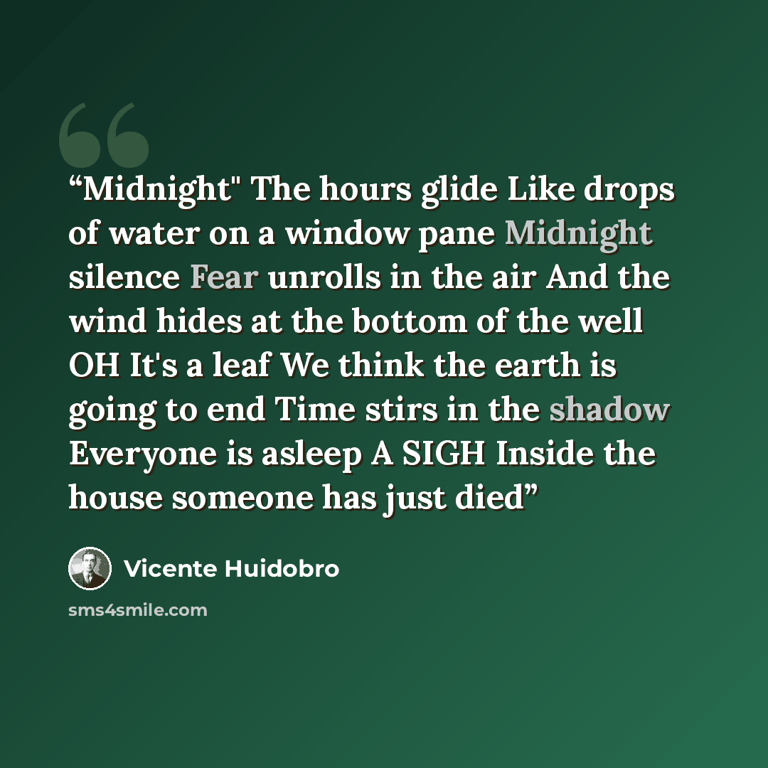 “Midnight" The hours glide Like drops of water on a window pane Midnight silence Fear unrolls in the air And the wind hides at the bottom of the well OH It's a leaf We think the earth is going to end Time stirs in the shadow Everyone is asleep A SIGH Inside the house someone has just died” quote by Vicente Huidobro