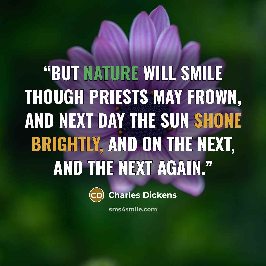 “But nature will smile though priests may frown, and next day the sun shone brightly, and on the next, and the next again.” quote by Charles Dickens