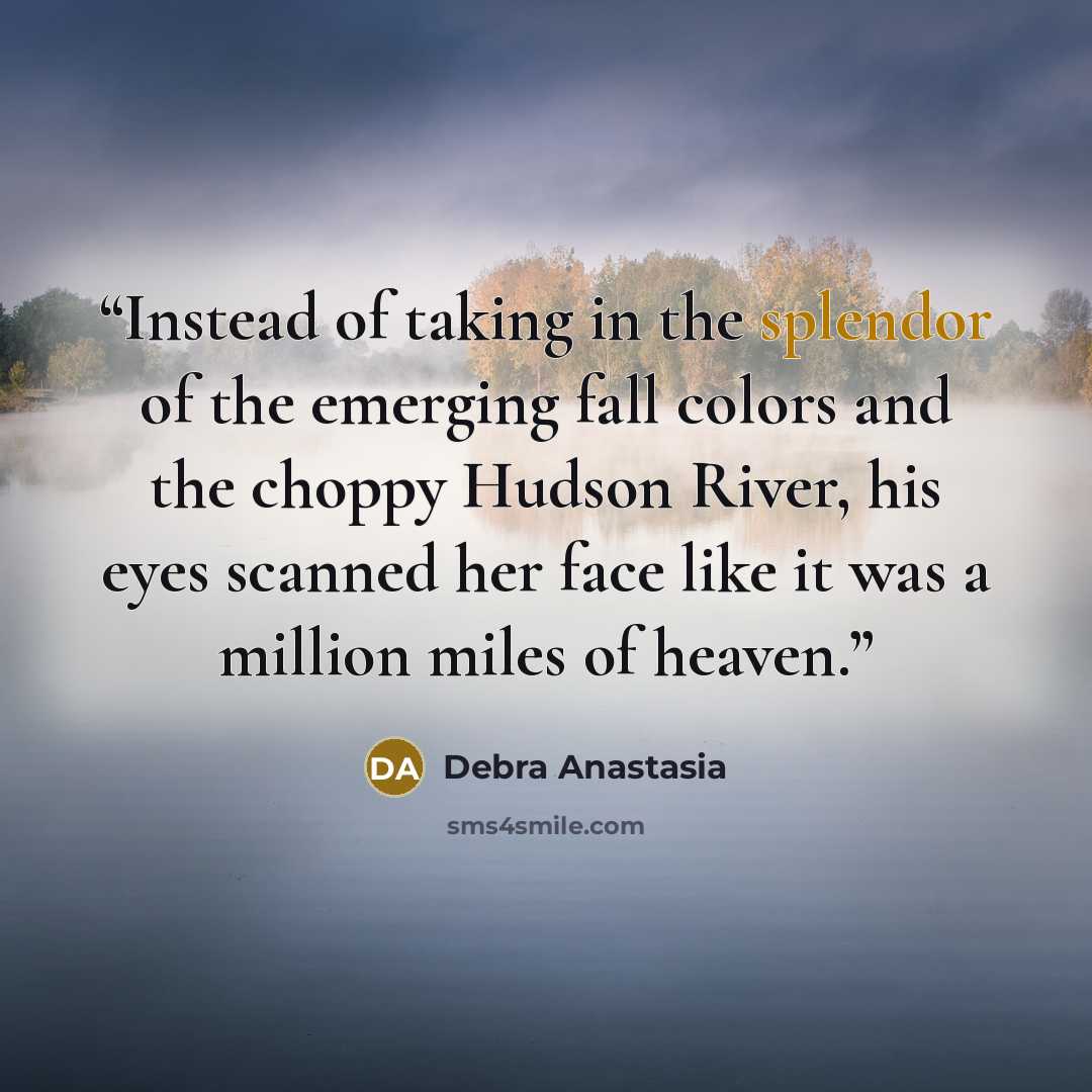 “Instead of taking in the splendor of the emerging fall colors and the choppy Hudson River, his eyes scanned her face like it was a million miles of heaven.” quote by Debra Anastasia