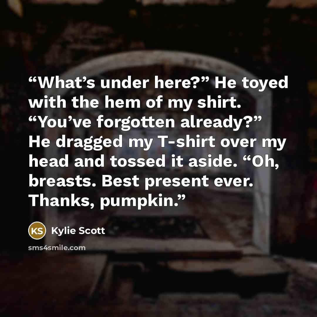“What’s under here?” He toyed with the hem of my shirt. “You’ve forgotten already?” He dragged my T-shirt over my head and tossed it aside. “Oh, breasts. Best present ever. Thanks, pumpkin.” quote by Kylie Scott