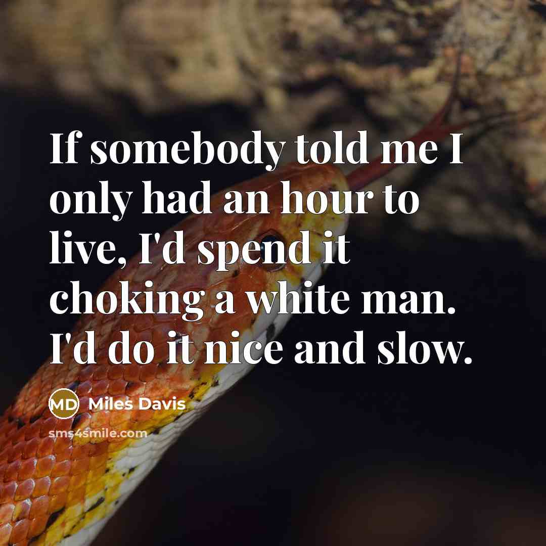 “If somebody told me I only had an hour to live, I'd spend it choking a white man. I'd do it nice and slow.” quote by Miles Davis