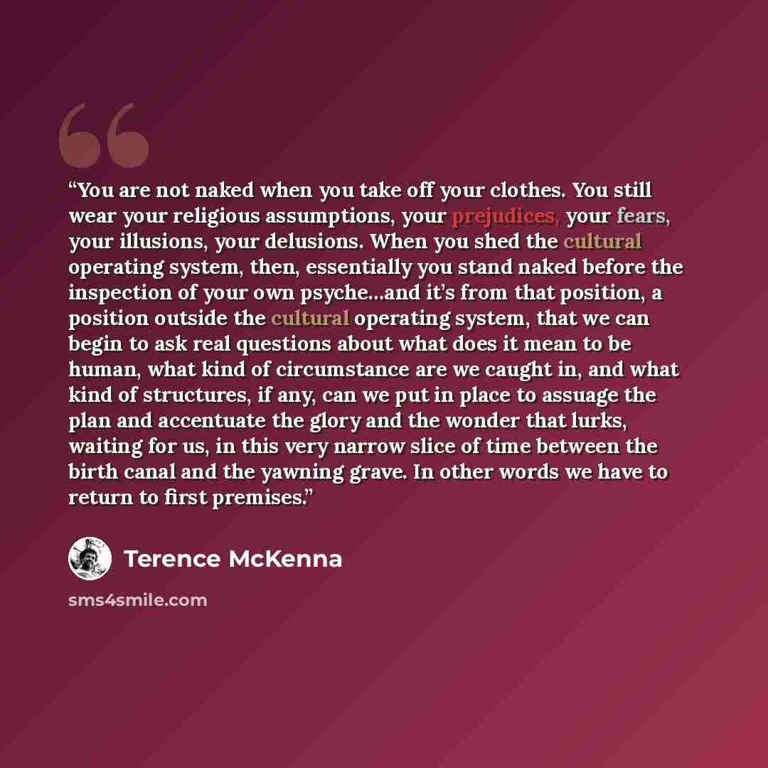 “You are not naked when you take off your clothes. You still wear your religious assumptions, your prejudices, your fears, your illusions, your delusions. When you shed the cultural operating system, then, essentially you stand naked before the inspection of your own psyche…and it’s from that…” quote by Terence Mckenna
