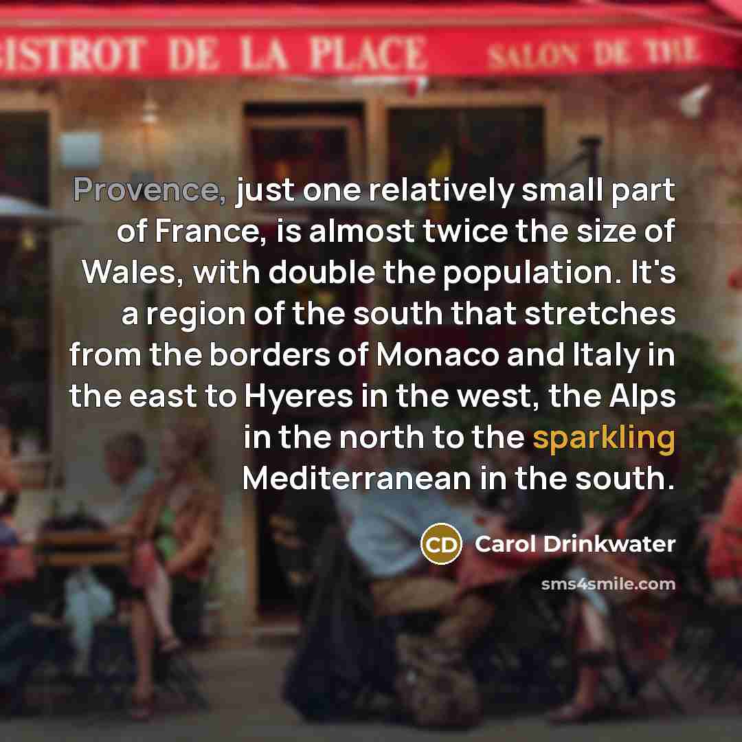 “Provence, just one relatively small part of France, is almost twice the size of Wales, with double the population. It's a region of the south that stretches from the borders of Monaco and Italy in the east to Hyeres in the west, the Alps in the north to the sparkling Mediterranean in the south.” quote by Carol Drinkwater