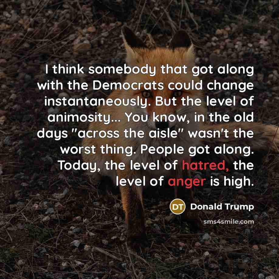 “I think somebody that got along with the Democrats could change instantaneously. But the level of animosity... You know, in the old days "across the aisle" wasn't the worst thing. People got along. Today, the level of hatred, the level of anger is high.” quote by Donald Trump