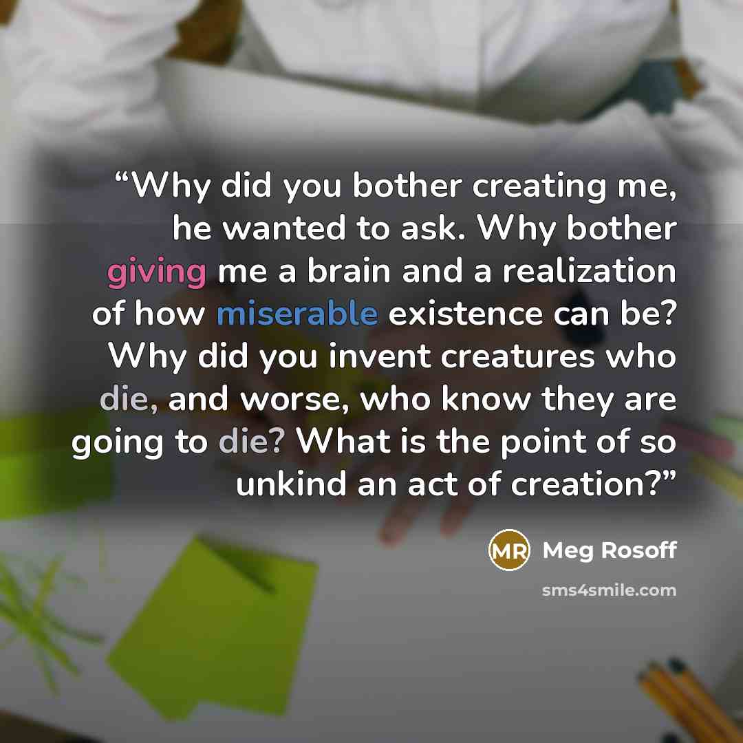 “Why did you bother creating me, he wanted to ask. Why bother giving me a brain and a realization of how miserable existence can be? Why did you invent creatures who die, and worse, who know they are going to die? What is the point of so unkind an act of creation?” quote by Meg Rosoff