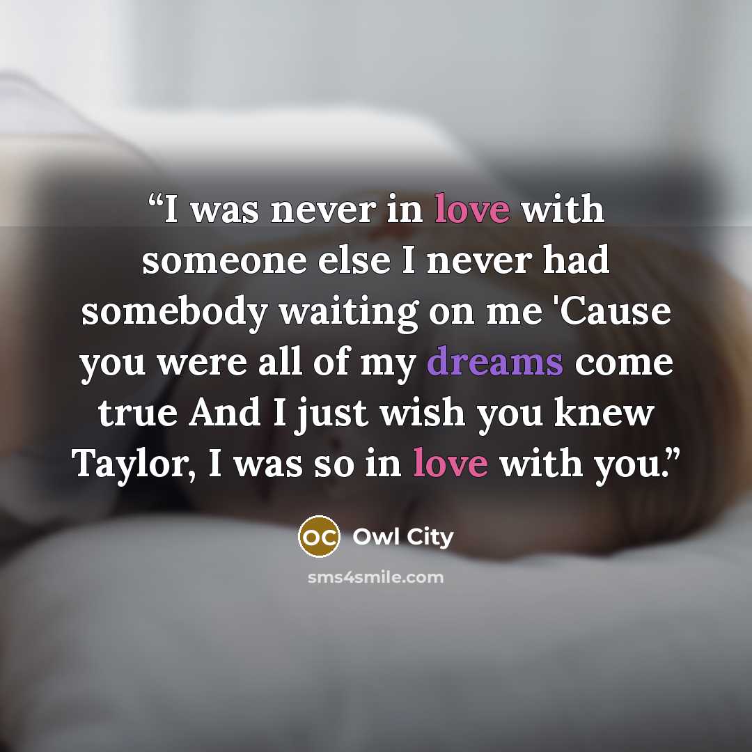 “I was never in love with someone else I never had somebody waiting on me 'Cause you were all of my dreams come true And I just wish you knew Taylor, I was so in love with you.” quote by Owl City