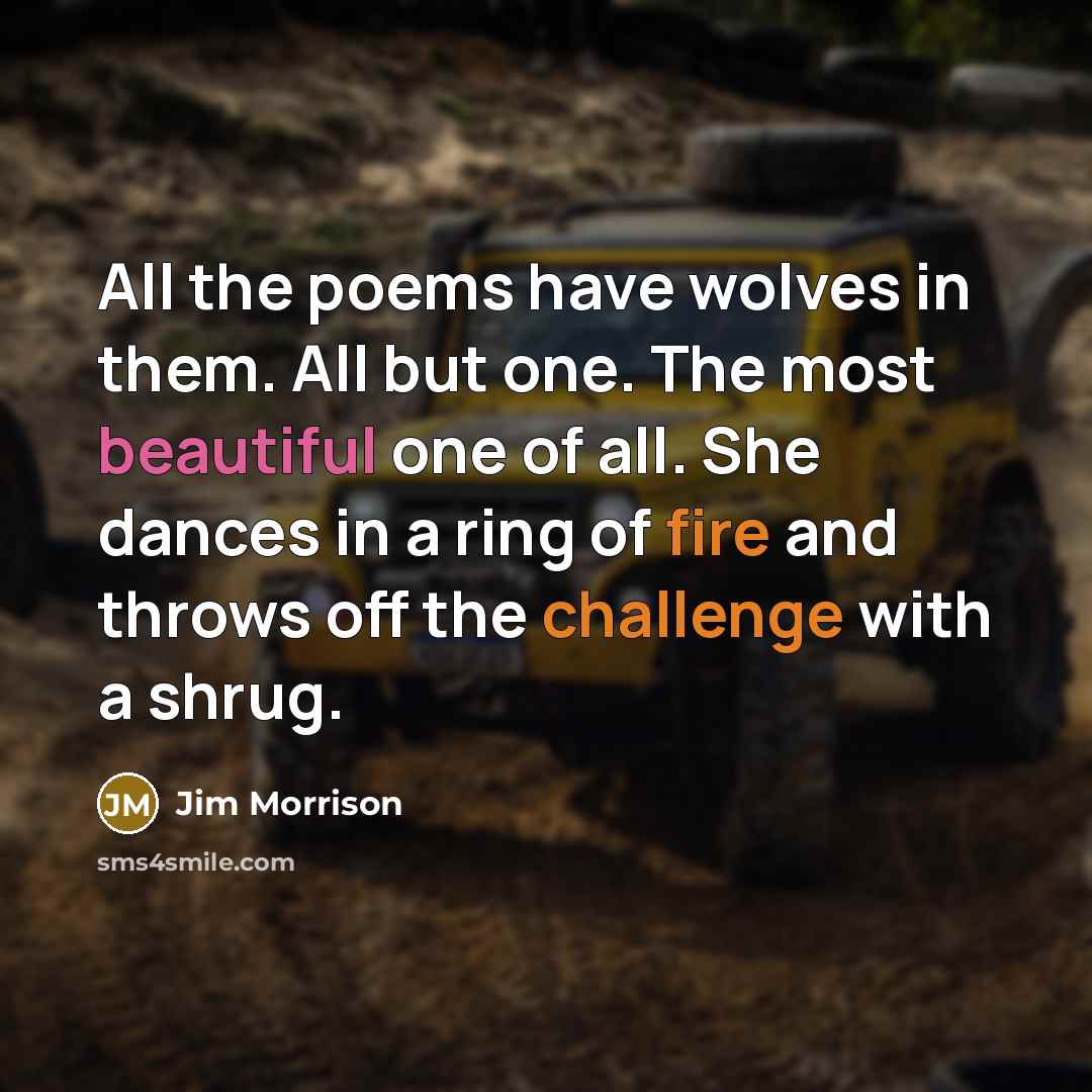 “All the poems have wolves in them. All but one. The most beautiful one of all. She dances in a ring of fire and throws off the challenge with a shrug.” quote by Jim Morrison