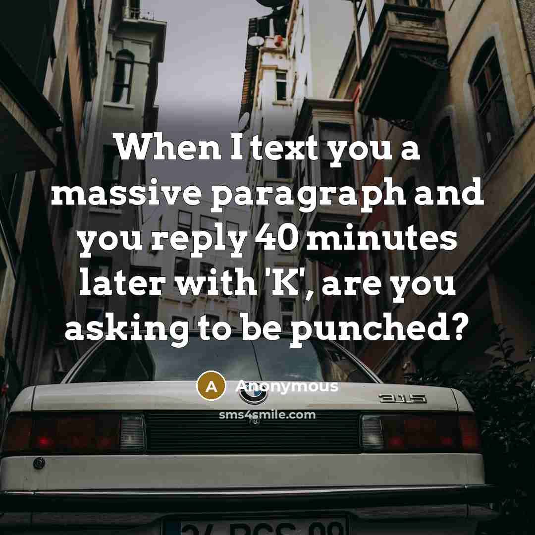 “When I text you a massive paragraph and you reply 40 minutes later with 'K', are you asking to be punched?” quote by Anonymous