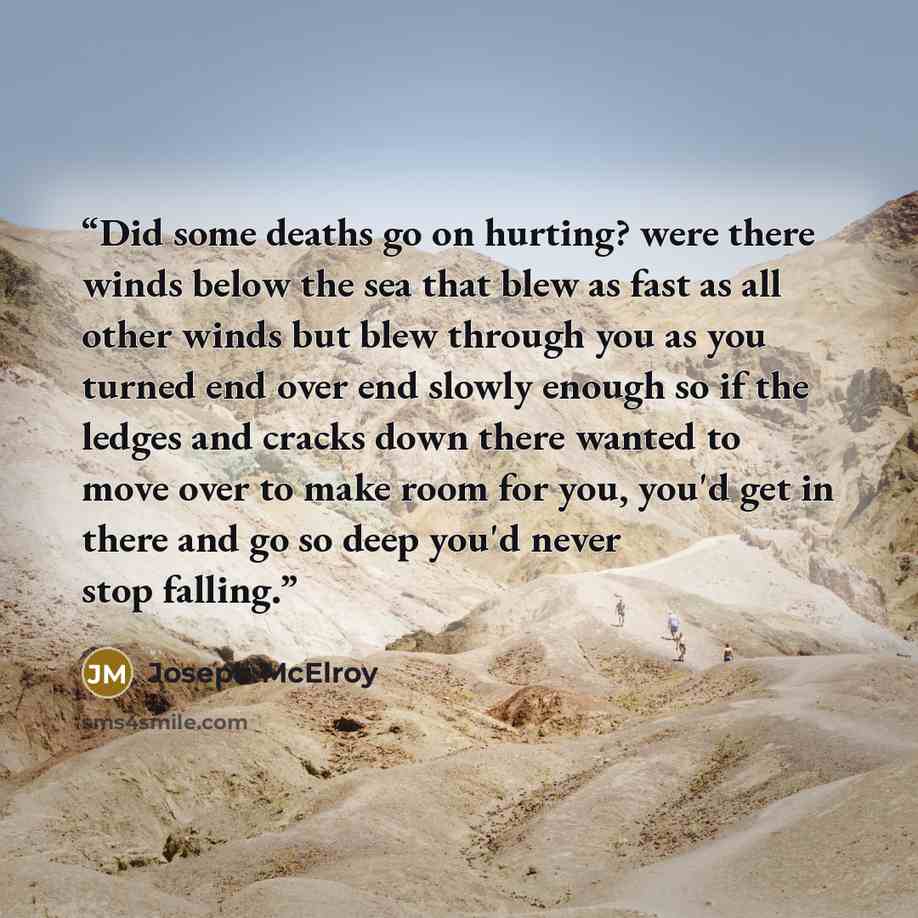 “Did some deaths go on hurting? were there winds below the sea that blew as fast as all other winds but blew through you as you turned end over end slowly enough so if the ledges and cracks down there wanted to move over to make room for you, you'd get in there and go so deep you'd never stop…” quote by Joseph McElroy