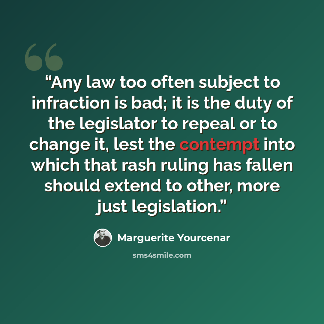 “Any law too often subject to infraction is bad; it is the duty of the legislator to repeal or to change it, lest the contempt into which that rash ruling has fallen should extend to other, more just legislation.” quote by Marguerite Yourcenar
