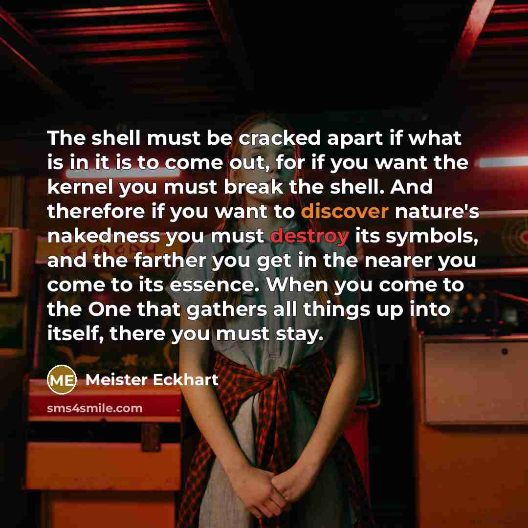 “The shell must be cracked apart if what is in it is to come out, for if you want the kernel you must break the shell. And therefore if you want to discover nature's nakedness you must destroy its symbols, and the farther you get in the nearer you come to its essence. When you come to the One that…” quote by Meister Eckhart