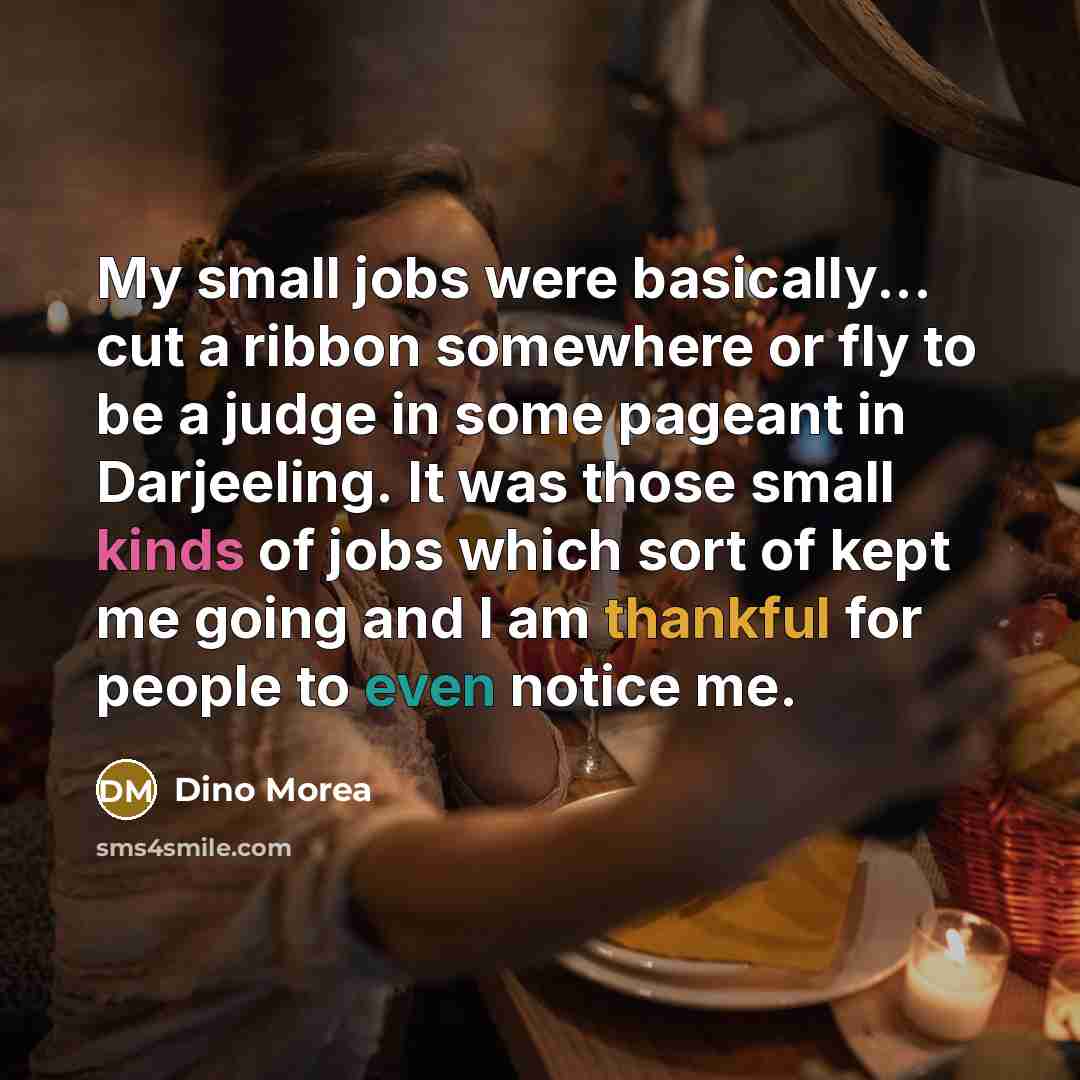 “My small jobs were basically... cut a ribbon somewhere or fly to be a judge in some pageant in Darjeeling. It was those small kinds of jobs which sort of kept me going and I am thankful for people to even notice me.” quote by Dino Morea