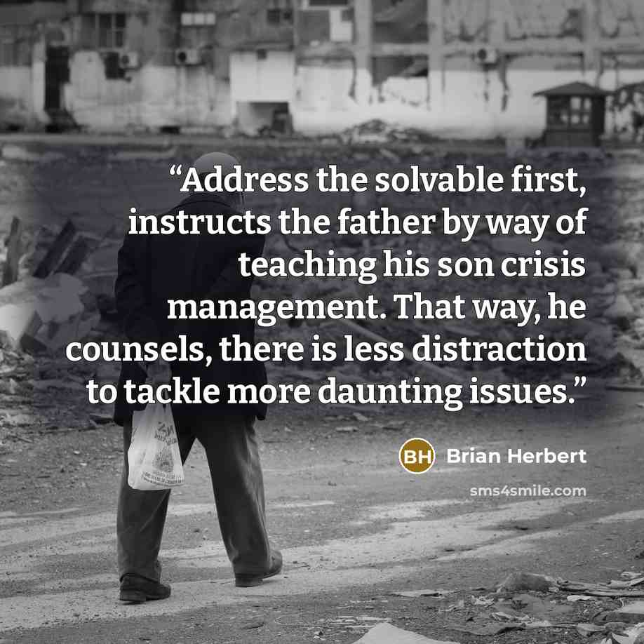 “Address the solvable first, instructs the father by way of teaching his son crisis management. That way, he counsels, there is less distraction to tackle more daunting issues.” quote by Brian Herbert