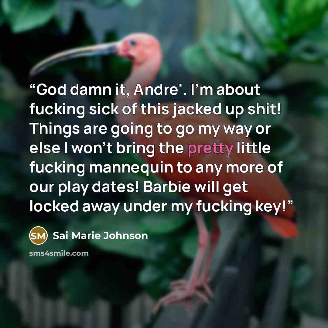 “God damn it, Andre'. I’m about fucking sick of this jacked up shit! Things are going to go my way or else I won’t bring the pretty little fucking mannequin to any more of our play dates! Barbie will get locked away under my fucking key!” quote by Sai Marie Johnson