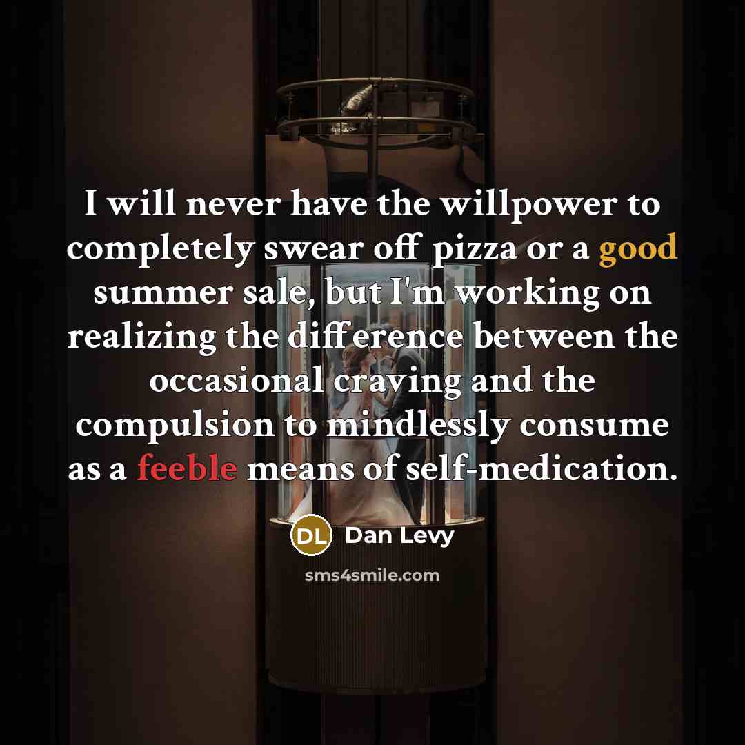 “I will never have the willpower to completely swear off pizza or a good summer sale, but I'm working on realizing the difference between the occasional craving and the compulsion to mindlessly consume as a feeble means of self-medication.” quote by Dan Levy