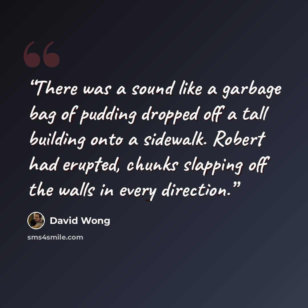 “There was a sound like a garbage bag of pudding dropped off a tall building onto a sidewalk. Robert had erupted, chunks slapping off the walls in every direction.” quote by David Wong