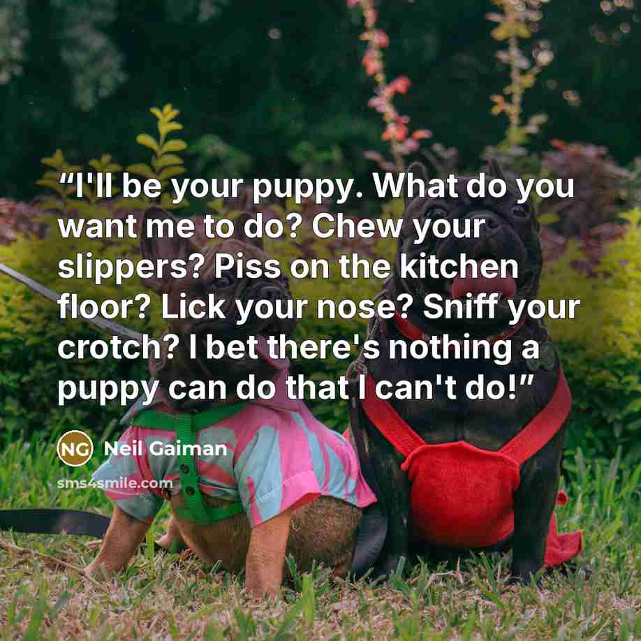 “I'll be your puppy. What do you want me to do? Chew your slippers? Piss on the kitchen floor? Lick your nose? Sniff your crotch? I bet there's nothing a puppy can do that I can't do!” quote by Neil Gaiman