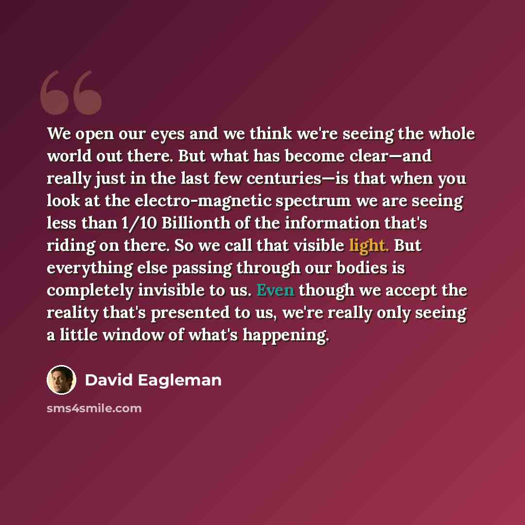 “We open our eyes and we think we're seeing the whole world out there. But what has become clear—and really just in the last few centuries—is that when you look at the electro-magnetic spectrum we are seeing less than 1/10 Billionth of the information that's riding on there. So we call that visible…” quote by David Eagleman