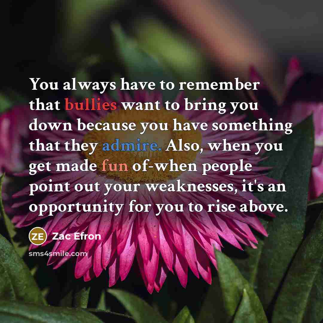 “You always have to remember that bullies want to bring you down because you have something that they admire. Also, when you get made fun of-when people point out your weaknesses, it's an opportunity for you to rise above.” quote by Zac Efron