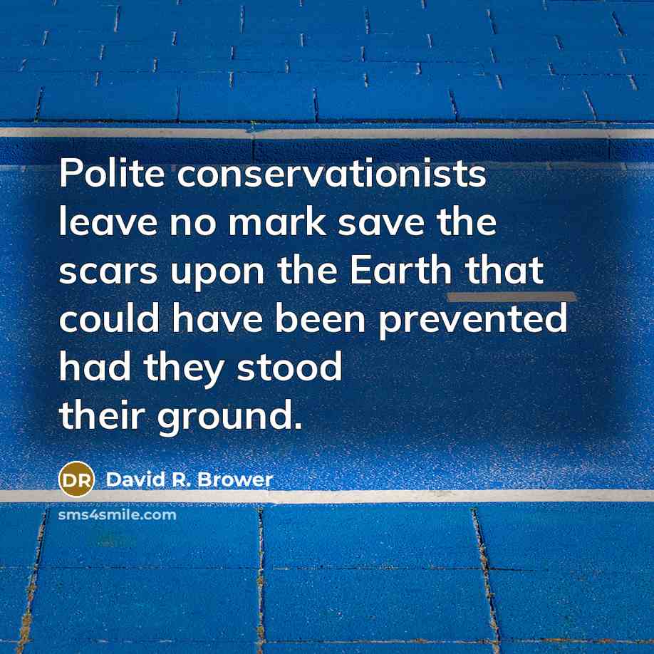 “Polite conservationists leave no mark save the scars upon the Earth that could have been prevented had they stood their ground.” quote by David R. Brower