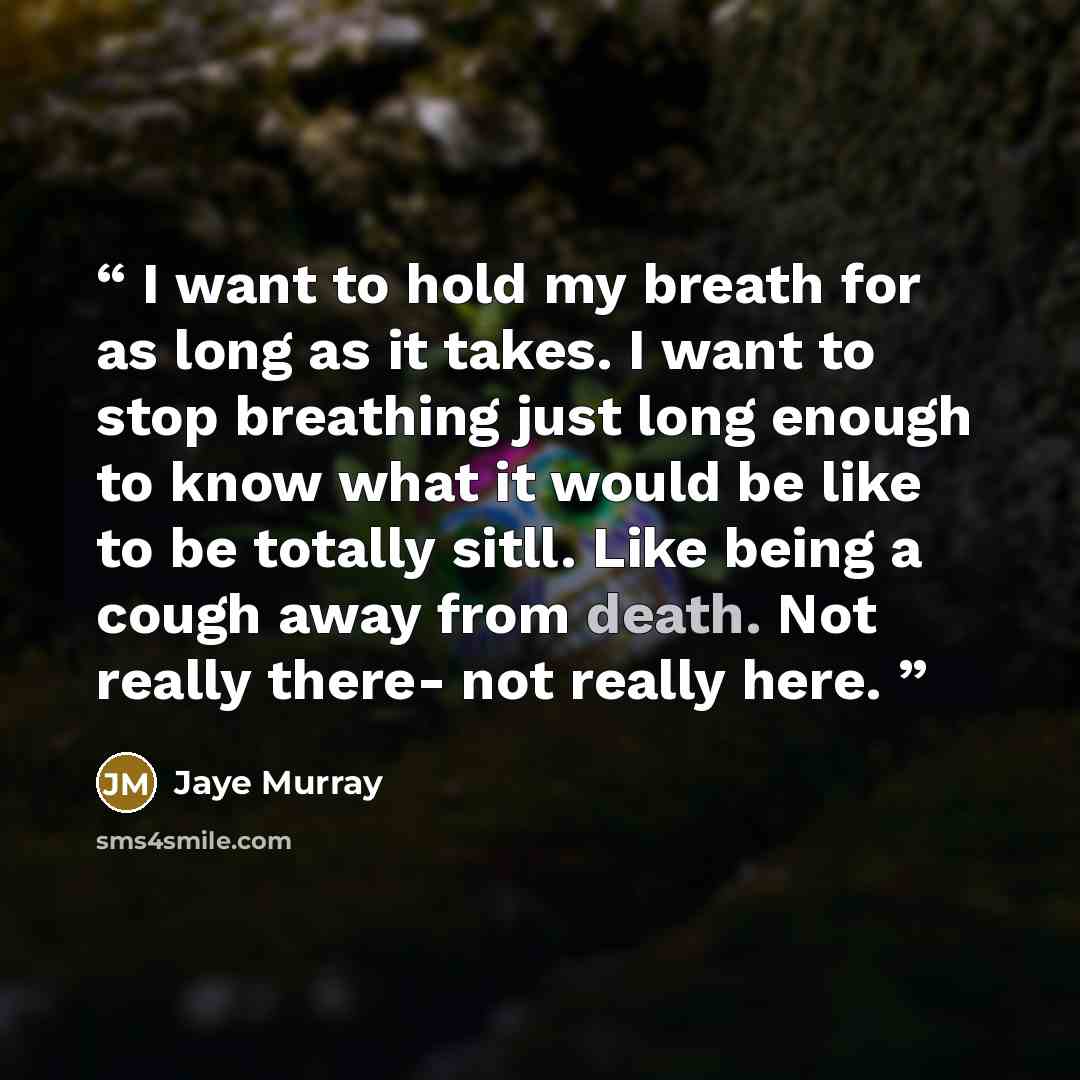 “I want to hold my breath for as long as it takes. I want to stop breathing just long enough to know what it would be like to be totally sitll. Like being a cough away from death. Not really there- not really here.” quote by Jaye Murray
