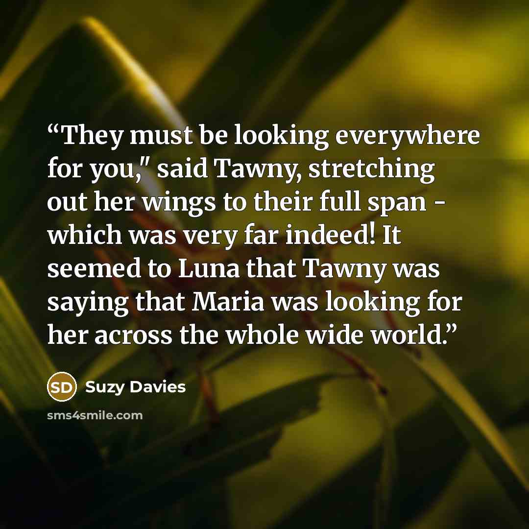 “They must be looking everywhere for you," said Tawny, stretching out her wings to their full span - which was very far indeed! It seemed to Luna that Tawny was saying that Maria was looking for her across the whole wide world.” quote by Suzy Davies