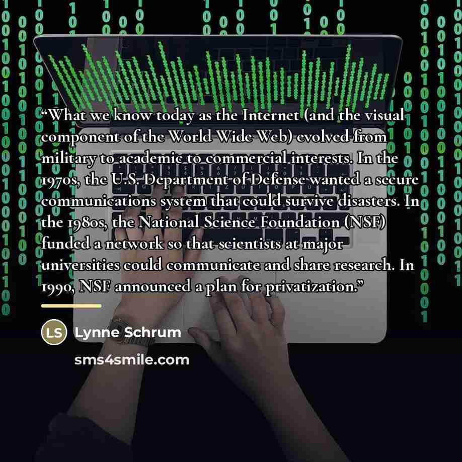 “What we know today as the Internet (and the visual component of the World Wide Web) evolved from military to academic to commercial interests. In the 1970s, the U.S. Department of Defense wanted a secure communications system that could survive disasters. In the 1980s, the National Science…” quote by Lynne Schrum