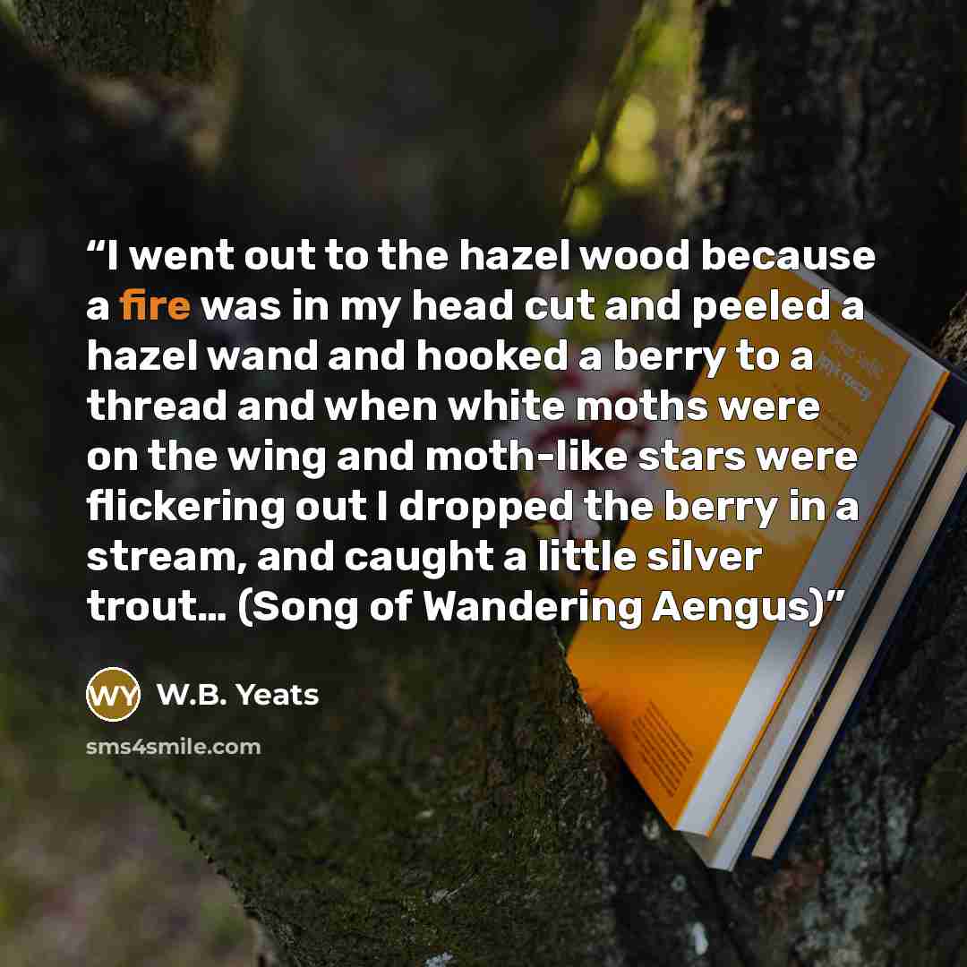 “I went out to the hazel wood because a fire was in my head cut and peeled a hazel wand and hooked a berry to a thread and when white moths were on the wing and moth-like stars were flickering out I dropped the berry in a stream, and caught a little silver trout… (Song of Wandering Aengus)” quote by W.B. Yeats