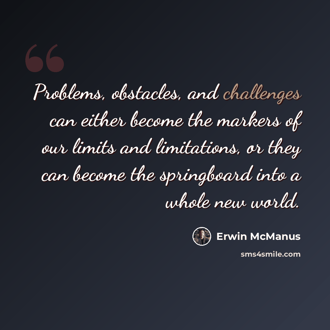 “Problems, obstacles, and challenges can either become the markers of our limits and limitations, or they can become the springboard into a whole new world.” quote by Erwin McManus