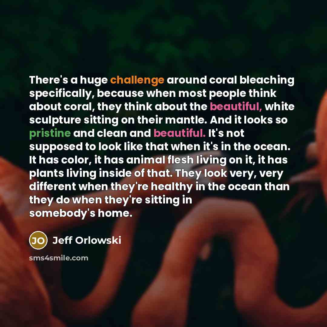 “There's a huge challenge around coral bleaching specifically, because when most people think about coral, they think about the beautiful, white sculpture sitting on their mantle. And it looks so pristine and clean and beautiful. It's not supposed to look like that when it's in the ocean. It has…” quote by Jeff Orlowski